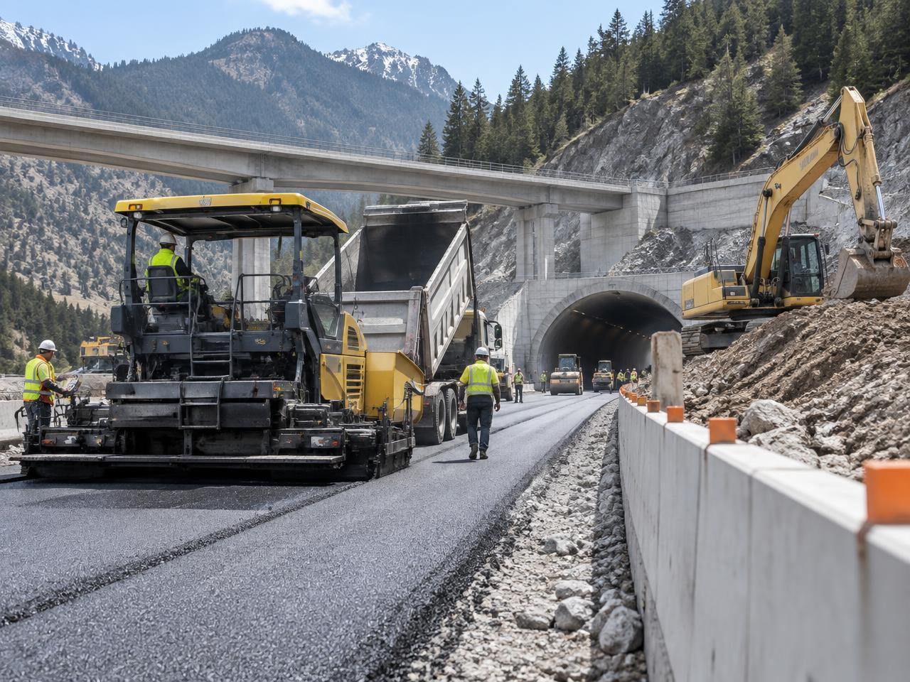 Road construction with paving machinery and excavator