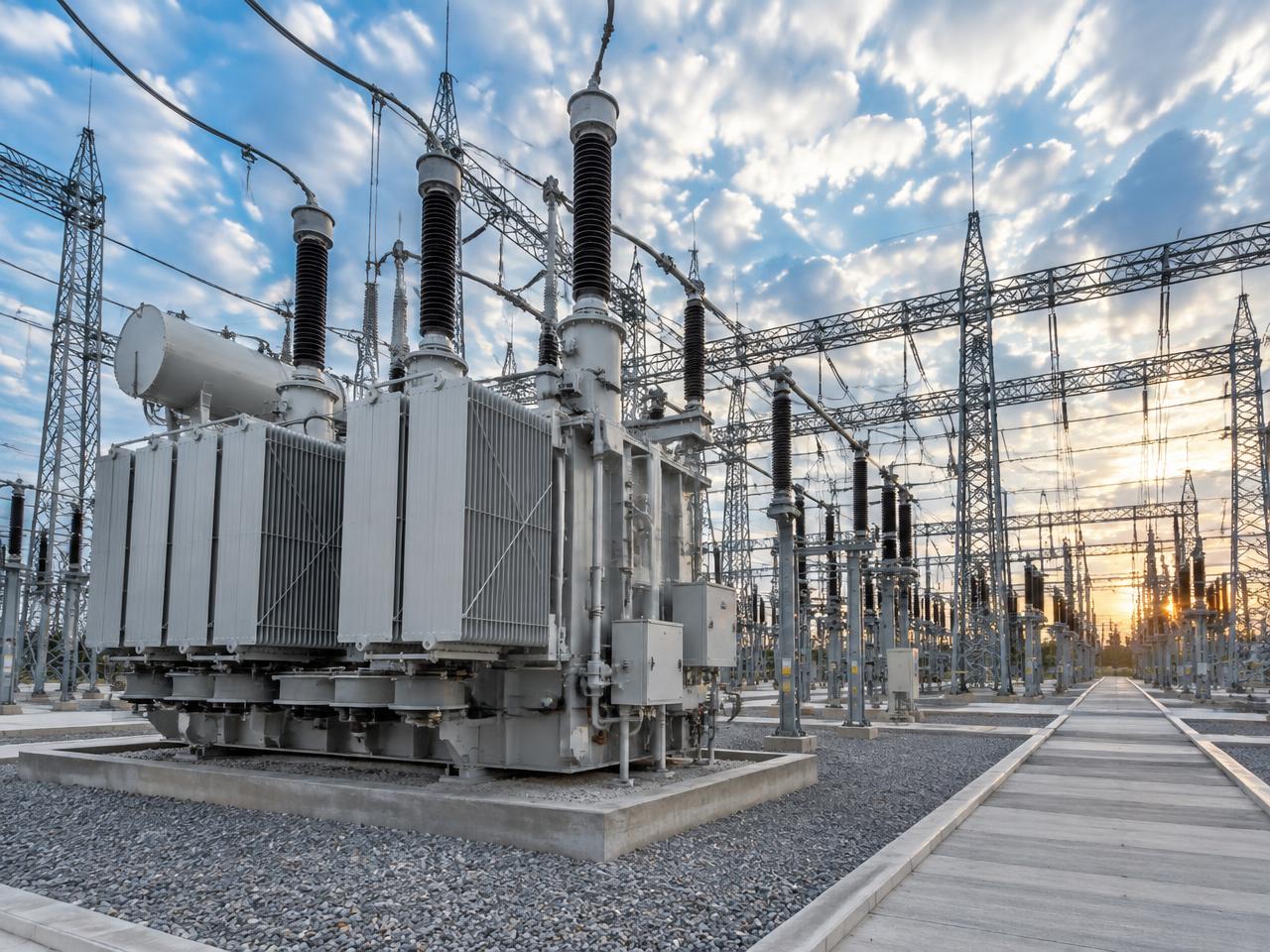 Modern high-voltage electrical substation and transformers