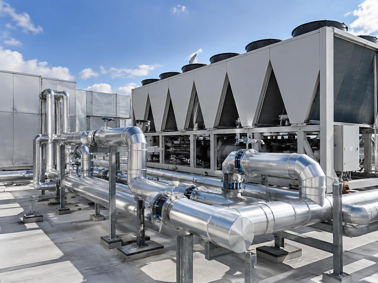 Commercial rooftop HVAC chiller and mechanical piping installation